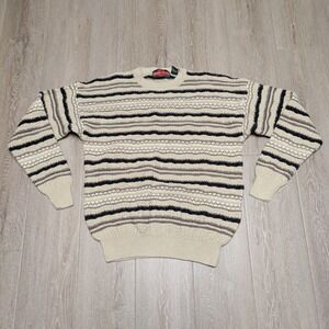Vintage Stone Haven Mens Striped Textured Knit Ramie Cotton Sweater Beige Large